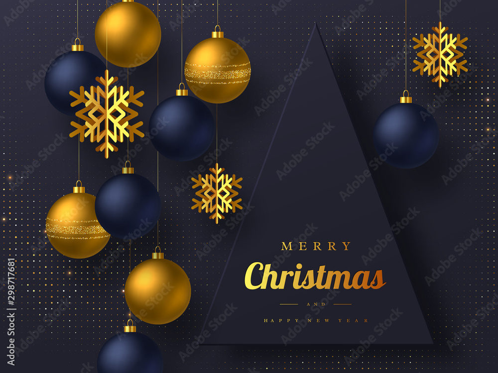 custom made wallpaper toronto digitalChristmas greeting card with hanging baubles and golden snowflakes. Luxury New Year holiday design. Dark background. Vector illustration.