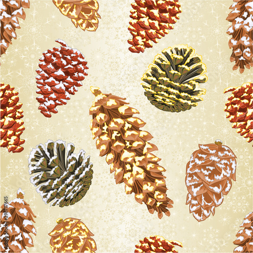 Christmas and New Year decorations seamless texture Four pine cones larch cones natural  and golden pine cones and snow pine cones vintage vector illustration editable hand draw