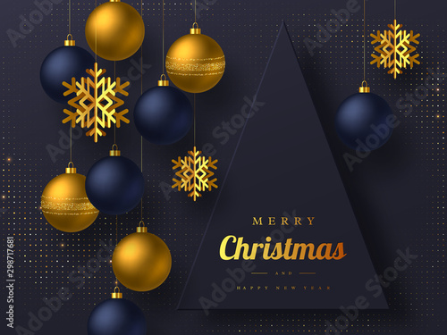 Christmas greeting card with hanging baubles and golden snowflakes. Luxury New Year holiday design. Dark background. Vector illustration.