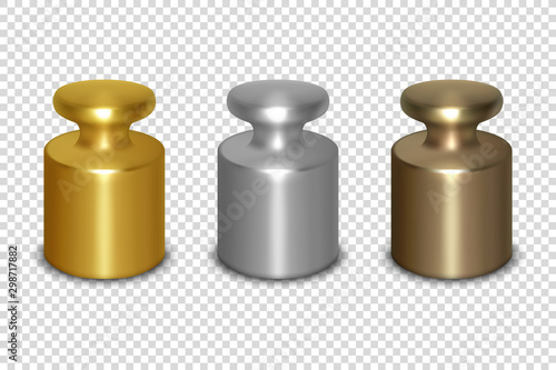 Vector 3d Realistic Metal Golden, Silver, Bronze Calibration Laboratory Weight Icon Set Closeup Isolated on Transparent Background. Design Template of Little Weights for Mechanical Jewelry Scales