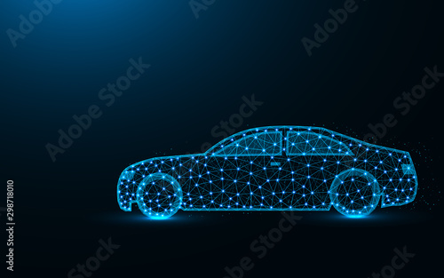 Car low poly design  transport abstract geometric image  driving wireframe mesh polygonal vector illustration made from points and lines on dark blue background