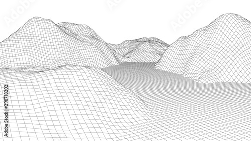 Vector wireframe 3d landscape. Technology grid illustration. Abstract futuristic background. Mountains.