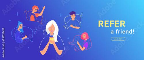 Refer a friend gradient vector illustration of a girl using smartphone to invite his friends