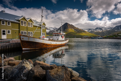 Wooden Icelandic fishing boat in Siglufjörður bay