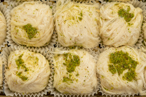 Cotton candy with pistachio in box. Turkish known as "pismaniye"