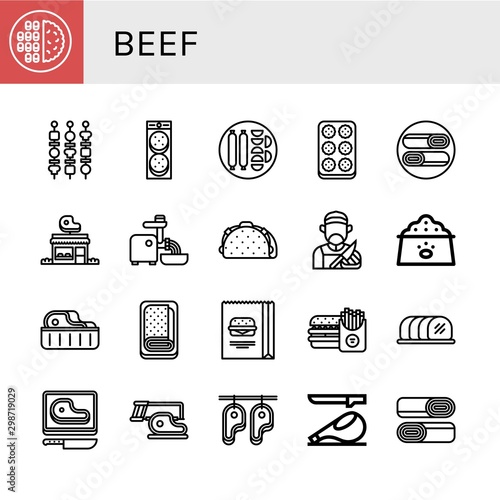 Set of beef icons such as Meat, Shish kebab, Burger, Sausage, Meatball, Shawarma, Butcher shop, Mincer, Taco, Butcher, Dog food, Steak, Meatloaf, Tenderloin, Ham , beef