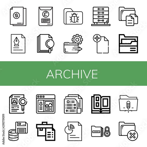 Set of archive icons such as Document, File, Folder, Drawers, Dossier, Floppy disk, Portfolio, Catalog , archive