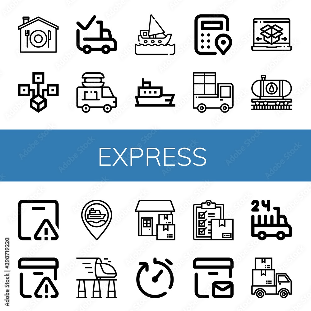 Set of express icons such as Home delivery, Distributed, Delivered, Food delivery, Ship, Logistics, Delivery, Shipping and Oil train, Important High speed train , express
