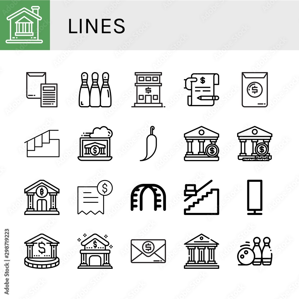 Set of lines icons such as Bank, Invoice, Bowling, Stairs, Hot pepper, Stair, Paper lamp, Bowling pins , lines Set of lines icons such as Bank, Invoice, Bowling, Stairs, Hot pepper, Stair, Paper lamp, Bowling pins , lines