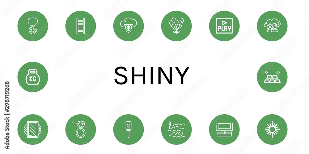 Set of shiny icons such as Gem, Ladder, Cloud, Balloon, Play, Mirror, Diamond ring, Lollipop, Sea, Treasure, Kettlebell, Gold , shiny