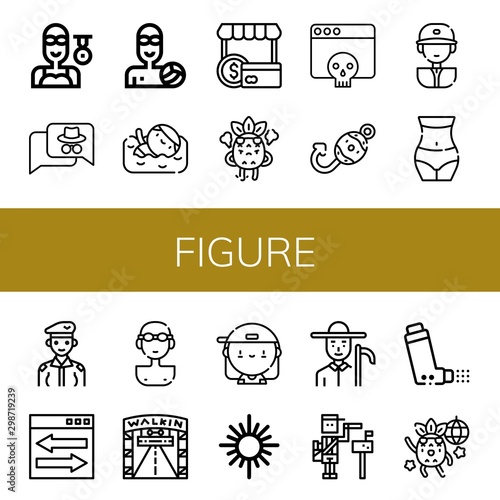 Set of figure icons such as Swimmer, Hacker, Waterpolo, Shopper, Angry, Fish hook, Baseball player, Waist, Soldier, Web link, Walking street, Skater, Mirror, Farmer, Paperboy , figure