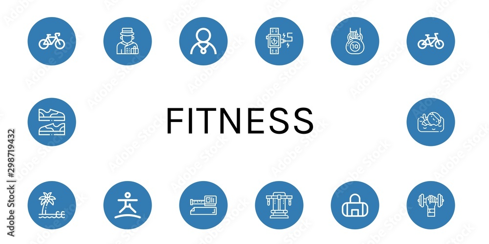 Set of fitness icons such as Bicycle, Bellboy, Athlete, Smartwatch, Kettlebell, Pool, Trampoline, Measure tape, Bench press, Gym bag, Dumbbell, Shoes, Swimmer , fitness
