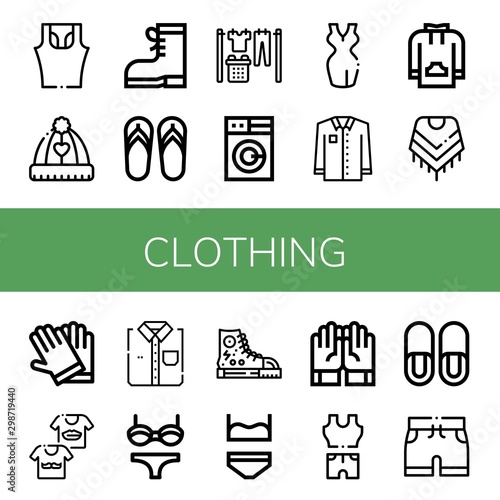Set of clothing icons such as Sleeveless shirt, Hat, Boots, Flip flops, Laundry, Washing machine, Dress, Shirt, Sweatshirt, Shawl, Gloves, Shirts, Bikini, Sneakers , clothing