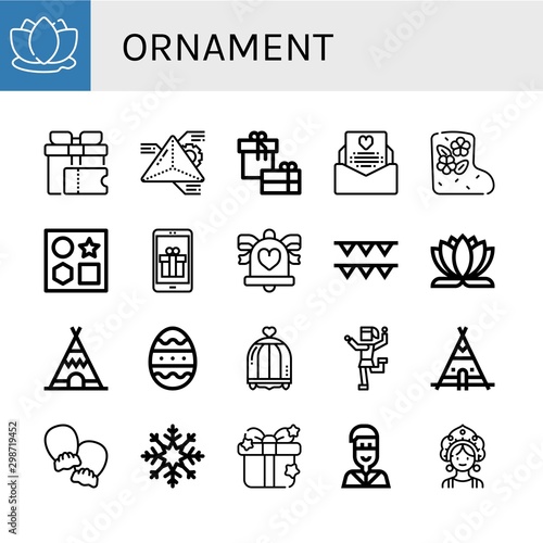 Set of ornament icons such as Lotus, Gift, Geometry, Wedding invitation, Valenki, Shapes, Wedding bells, Garlands, Lotus flower, Teepee, Easter egg, Bird cage, Traditional dance , ornament