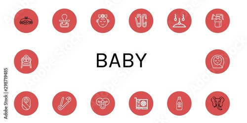 Set of baby icons such as Flower crown, Pacifier, Girl, Safety pin, Sperm, Breast pump, Baby, Video card, Milk bottle, Elephant, Feeding chair, Baby boy ,