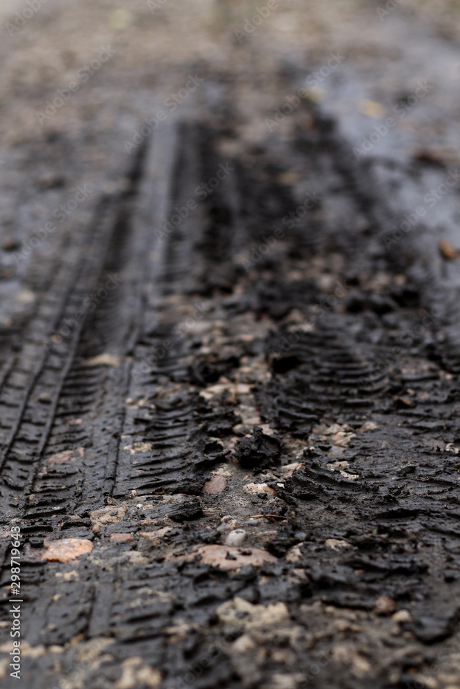 car wheel marks on muddy road