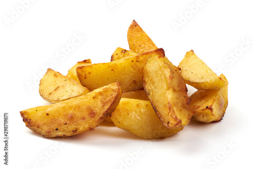 Homemade baked potato wedges, fry potatoes, isolated on white background