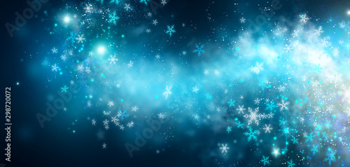 Fototapeta Naklejka Na Ścianę i Meble -  Winter Christmas and New Year glittering snow flakes swirl on black bokeh background, backdrop with sparkling blue stars, holiday garland, magic glowing stars, lights. Abstract Glitter Blinking sparks