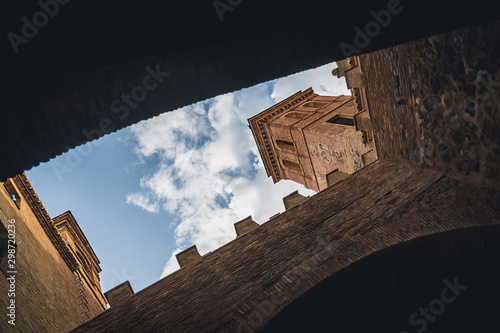 Old streets in Toledo against the blue sky, the bottom view