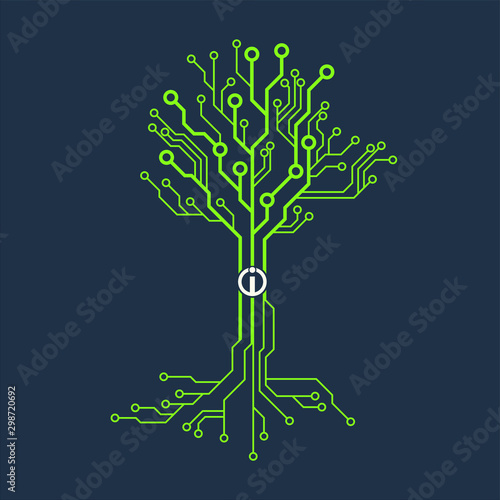Circuit board tree symbol. Computer tree with motherboard elements 