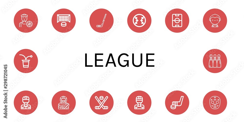Set of league icons such as Basketball player, Hockey goal, Hockey stick, Baseball, Football field, Soccer player, Hockey player, American football mask , league Set of league icons such as Basketball player, Hockey goal, Hockey stick, Baseball, Football field, Soccer player, Hockey player, American football mask , league