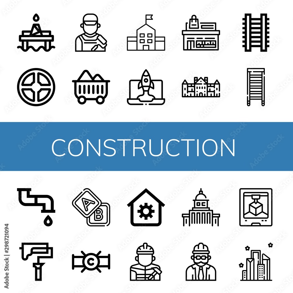 Set of construction icons such as Oil platform, Valve, Painter, Coal, School, Configuration, Store, Palace, Ladder, Pipe, Paint roller, Blocks, House automation , construction
