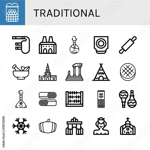 Set of traditional icons such as Cheese balls, Bagpipes, National palace of sintra, Domra, Trackball, Rolling pin, Mortar, Cartagena, Parthenon, Teepee, Round bread , traditional