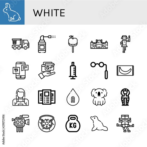 Set of white icons such as Rabbit, Crane truck, Sprays, Caramelized apple, Palace, Polka, Smartphone, Report, Syringe, Binoculars, Banana, Maid, Brochure, Blood type, Koala , white