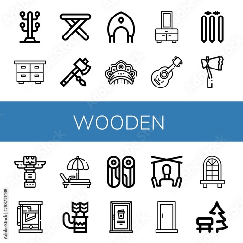 Set of wooden icons such as Coat stand, Chest, Stool, Axe, Kokoshnik, Acoustic guitar, Cricket stump, Totem, Guillotine, Deck chair, Quiver, Wood, Door, Puppet, Window , wooden