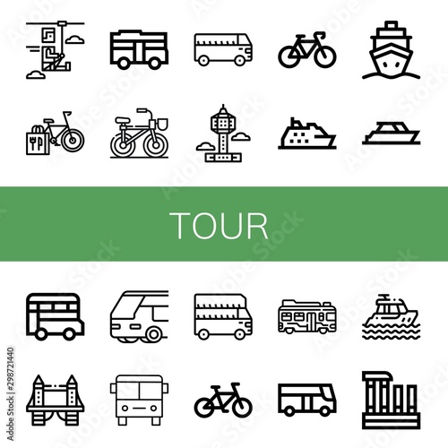Set of tour icons such as Zip line, Bicycle, Bus, Park tower, Cruise, Yacht, Tower bridge, Evora , tour