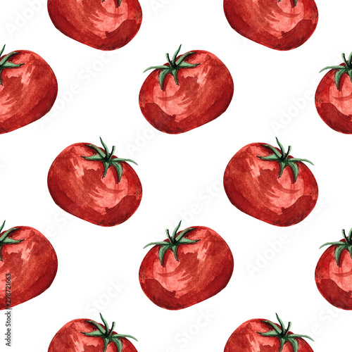 Seamless pattern with tomatoes watercolor painting, vegetables on a white background. Illustrations for postcards, banners, posters, fabrics, kitchens