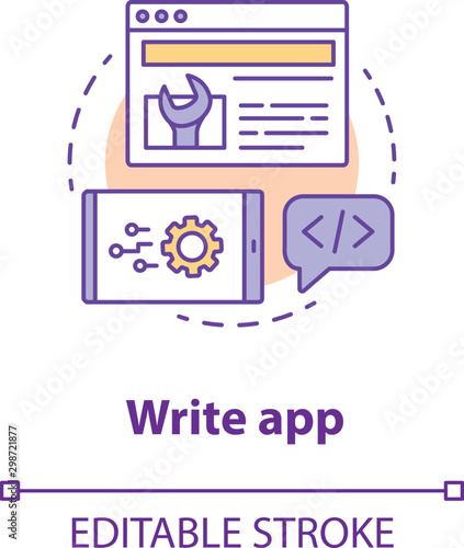 Write app concept icon. Software development idea thin line illustration. Service orchestration. Tools for front-end, back-end developer. Vector isolated outline drawing. Editable stroke