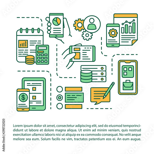 Mobile device software development article page vector template. App programming process. Brochure, magazine, booklet design element with linear icons. Print design. Concept illustrations with text
