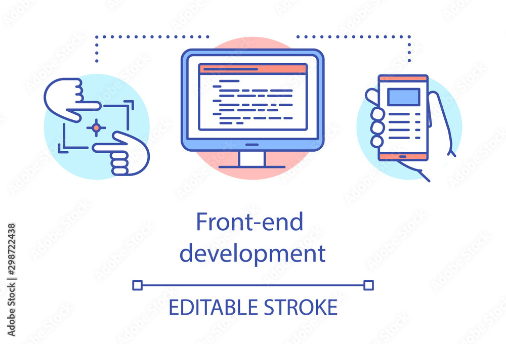 Front-end development concept icon. Software programming idea thin line illustration. Application performance. Developing for website. Vector isolated outline drawing. Editable stroke Front-end development concept icon. Software programming idea thin line illustration. Application performance. Developing for website. Vector isolated outline drawing. Editable stroke