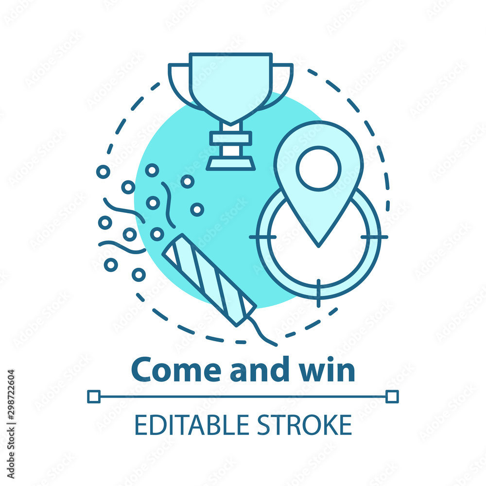 Come and win concept icon. Victory idea thin line illustration. Game winner award. Success, accomplishment and triumph. Goal, target achieving. Vector isolated outline drawing. Editable stroke.