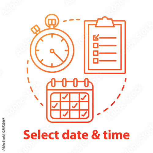 Select date, time red gradient concept icon. Choose day, hour thin line illustration. Making reservation, booking. Time management, scheduling. Calendar, stopwatch. Vector isolated outline drawing