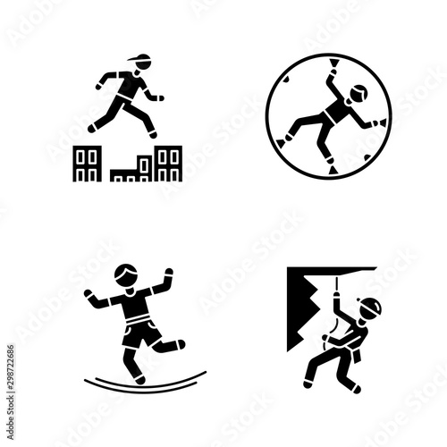 Extreme sports glyph icons set. Parkour, traversing obstacles. Zorbing, globe-riding. Slacklining. Abseiling, rappelling. Mountaineering. Silhouette symbols. Vector isolated illustration