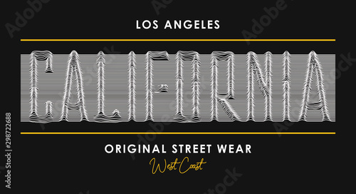 California t-shirt design with slogan from 3d line font. Los Angeles modern typography graphics for t shirt and street wear, apparel with letters of lines. Vector illustration.