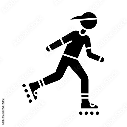 Inline skating glyph icon. Freestyle rollerblading. Fitness skating. Teenager on rollerblades. Person on roller skates. Extreme sport. Silhouette symbol. Negative space. Vector isolated illustration