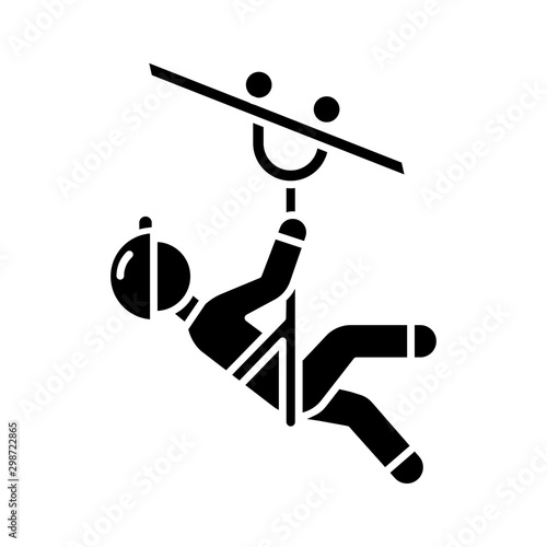 Zip line glyph icon. Canopy tour. Person with pulley on cable. Wire descend. Man sliding down rope. Extreme sport. Silhouette symbol. Negative space. Vector isolated illustration