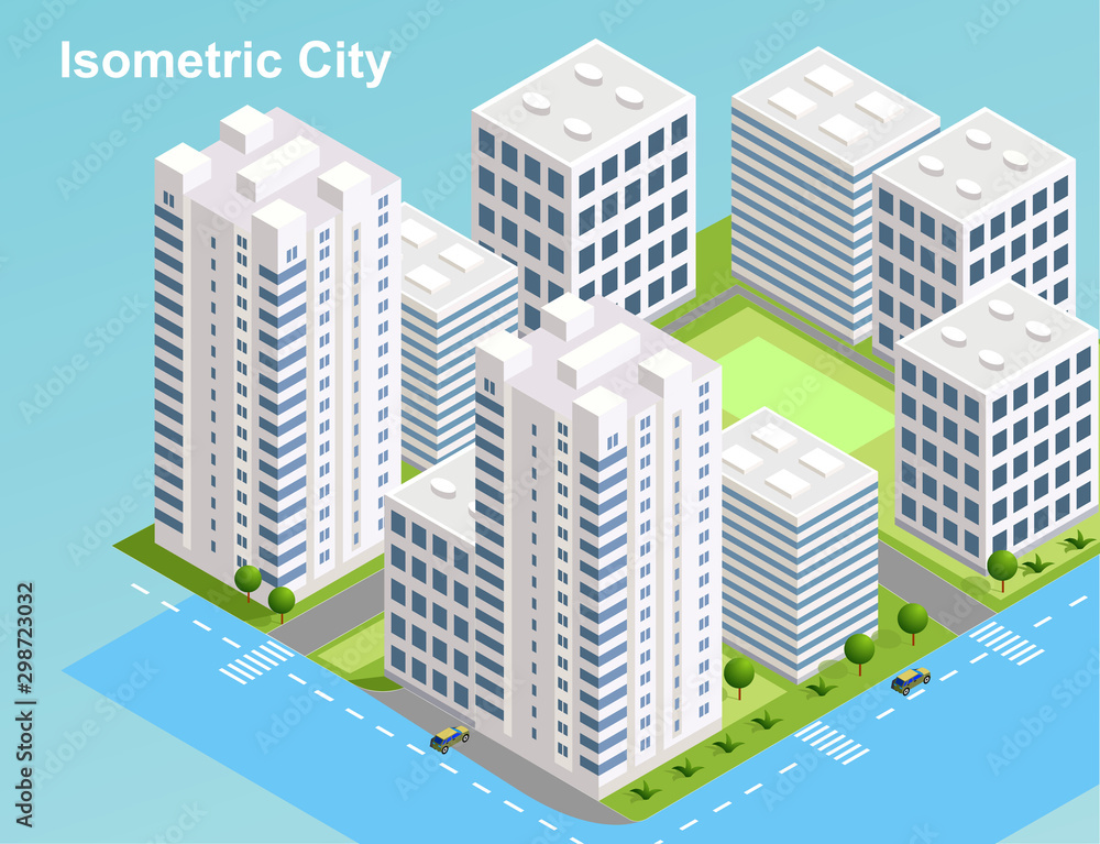 Isometric urban megalopolis top view of the city infrastructure town, street, houses, architecture 3d elements different buildings