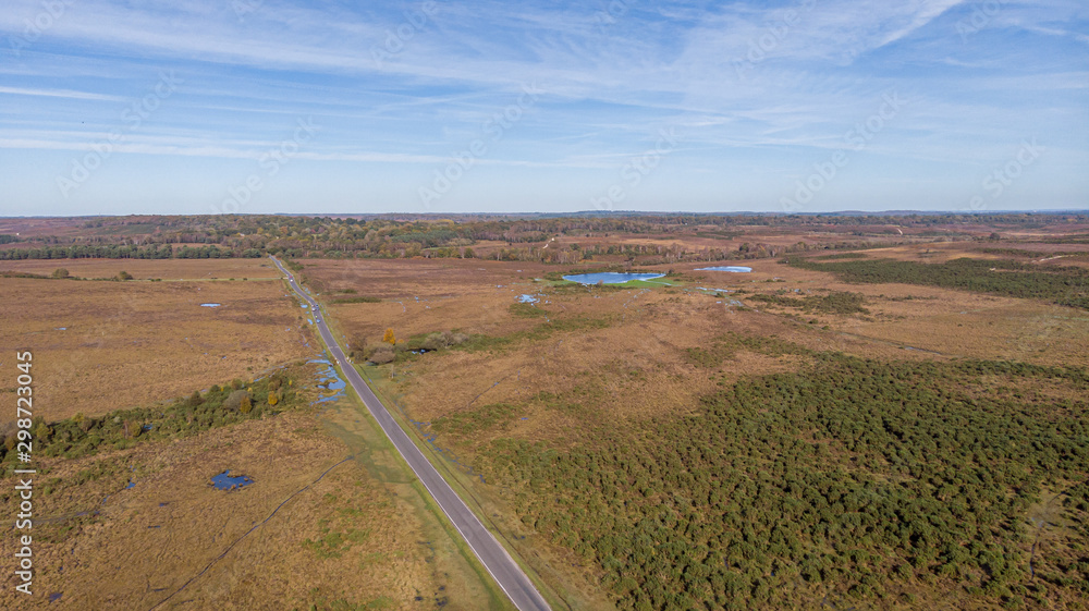 An aerial pamoramic view of the New Forest along a rural road with heartland, forest, pond and wild vegetation with beautiful autumn colors under a majestic blue sky and white clouds