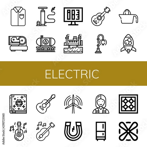 Set of electric icons such as Ironed, Slicer, Air pump, Oil train, Ink level, Geothermal energy, Acoustic guitar, Street lamp, Juicer, Lava lamp, Spellbook, Guitar , electric