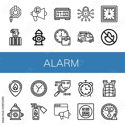Set of alarm icons such as Water hose, Watchmaker, Loudspeaker, Fire hydrant, Digital clock, Clock, Secure, Fire truck, No fire allowed, Firefighter, extinguisher , alarm