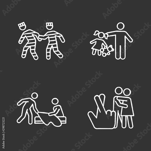 Different rape types chalk icons set. Prison, statutory, children and spousal rape. Sexual harassment of child, woman. Female victims of sexual assault. Isolated vector chalkboard illustrations