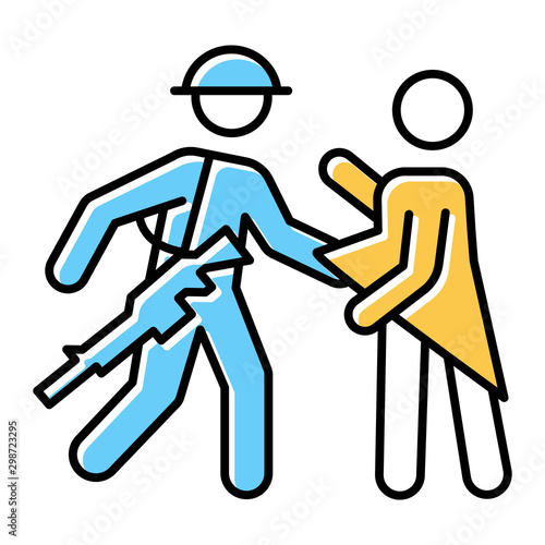 War rape blue, yellow color icon. Women abuse, violent behavior of a soldier. Sexual harassment by military forces, armies. Assault of females by troops. Isolated vector illustration