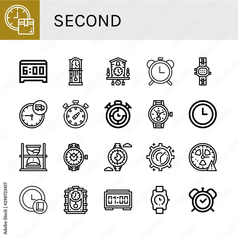 Set of second icons such as Clock, Alarm clock, Cuckoo clock, Alarm clocks, Watch, Time, Chronometer, Timer, Hourglass, Digital Wristwatch , second
