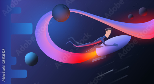 Illustration of a flying rocket with riding successful person on it in the starry sky. EPS10 vector background.