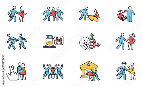 Different rape types color icons set. Date, statutory, children and spousal rape. Abuse of women in prison, jail. Sexual harassment and assault of females. Isolated vector illustrations