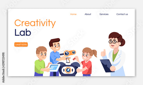 Creativity lab landing page vector template. Kids robotics club website interface idea with flat illustrations. Engineering for children homepage layout. Web banner, webpage cartoon concept